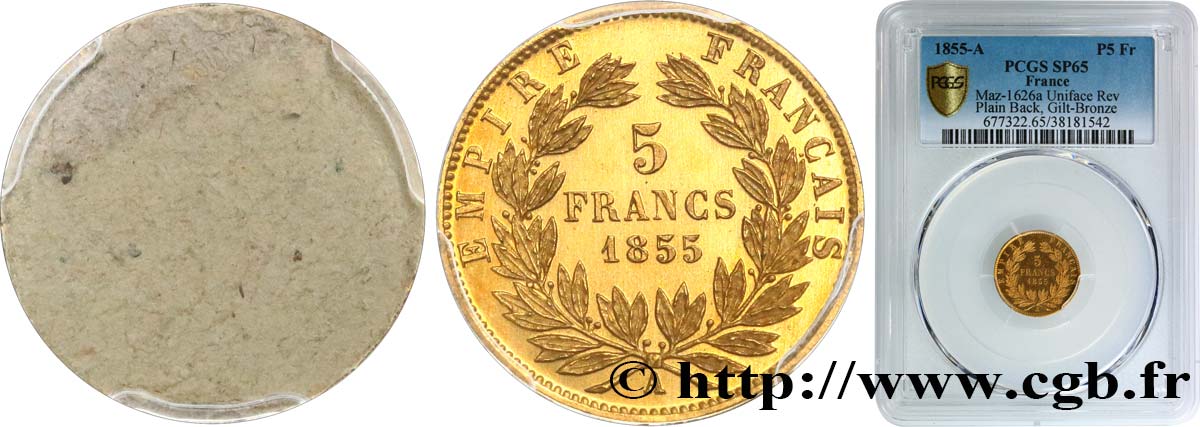 Essai de frappe de revers de 5 francs or Napoléon III tête nue 1855 Paris Maz.1626 a MS65 PCGS