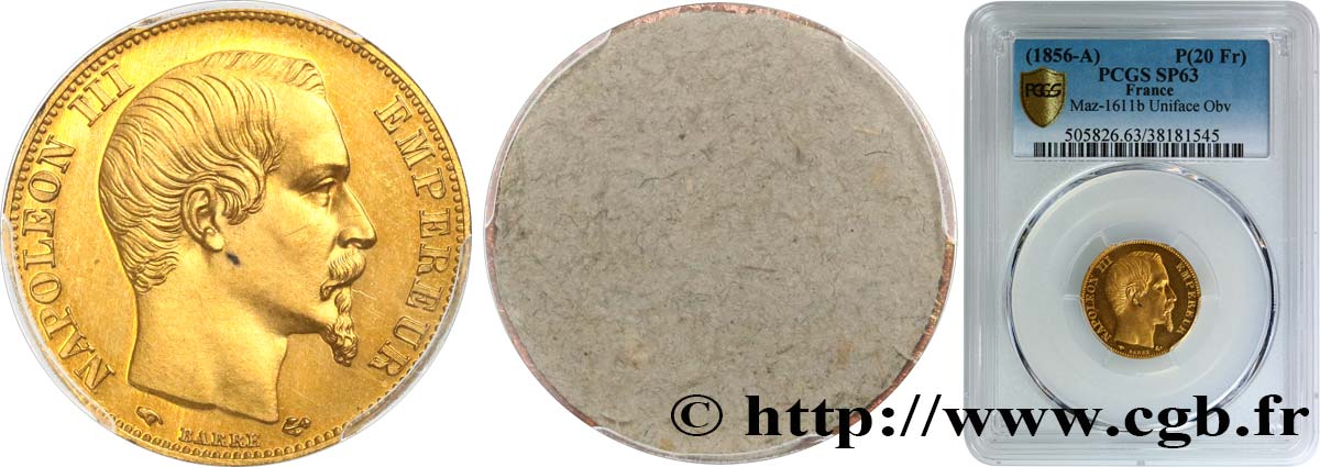 Essai de frappe d’avers de 20 francs or Napoléon III tête nue n.d. Paris Maz.1611 b MS63 PCGS