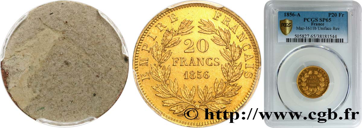 Essai de frappe de revers de 20 francs or Napoléon III tête nue 1856 Paris Maz.1611 b ST65 PCGS