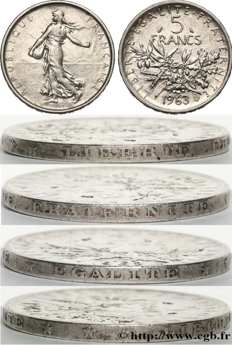 5 francs Semeuse, argent, Tranche Fautée 1963 Paris F.340/7 AU53 