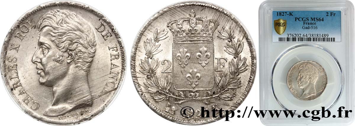 2 francs Charles X 1827 Bordeaux F.258/30 SPL64 PCGS