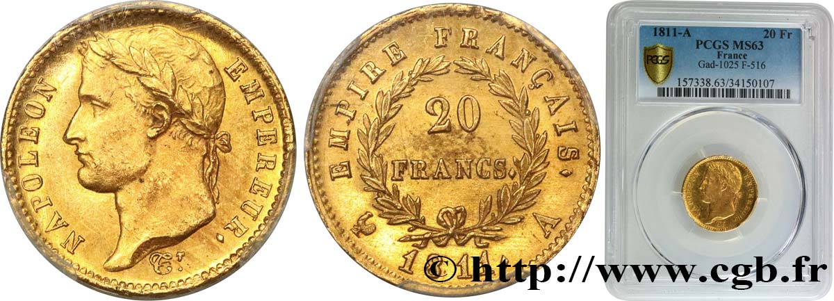 20 francs or Napoléon, tête laurée, Empire français 1811 Paris F.516/16 MS63 PCGS