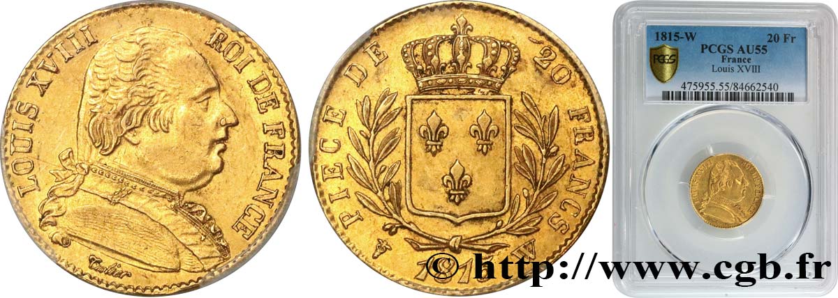 20 francs or Louis XVIII, buste habillé 1815 Lille F.517/18 AU55 PCGS