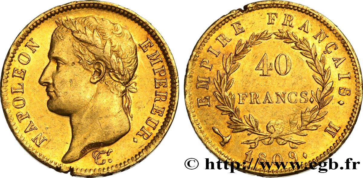 40 francs or Napoléon tête laurée, Empire français 1809 Toulouse F.541/2 AU53 