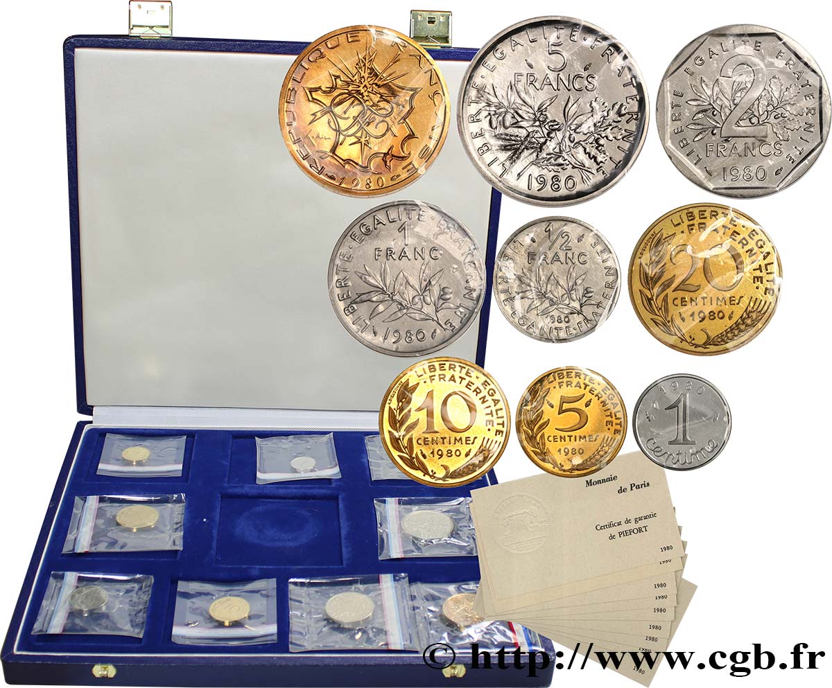 Coffret de 9 Piéforts métal commun : 10, 5, 2, 1 et 1/2 francs et 20, 10, 5 et 1 centimes 1980 Pessac GEM.291 CPC10 FDC 