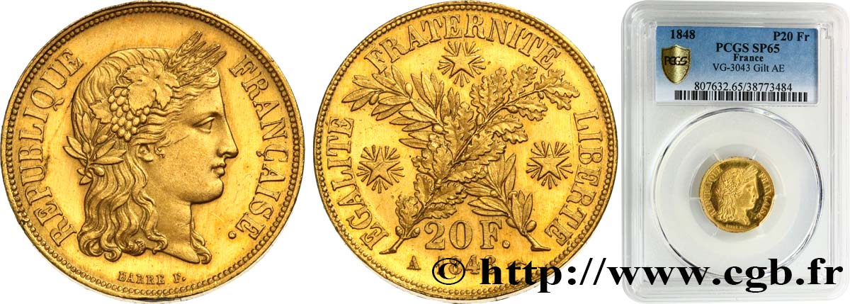 Concours de 20 francs, essai de Barre, buste sans les symboles, Bronze-doré 1848 Paris VG.3043 var. FDC65 PCGS