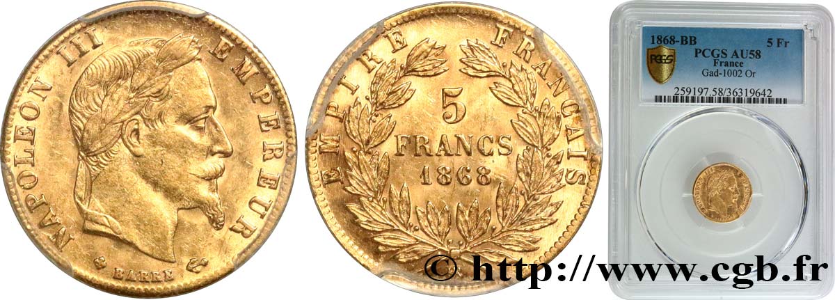 5 francs or Napoléon III, tête laurée 1868 Strasbourg F.502/14 AU58 PCGS