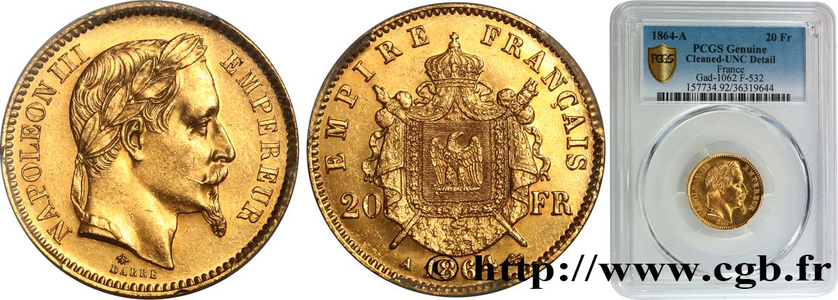 20 francs or Napoléon III, tête laurée 1864 Paris F.532/8 SPL PCGS