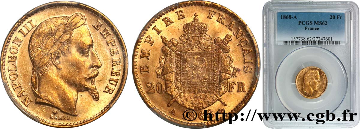 20 francs or Napoléon III, tête laurée 1868 Paris F.532/18 MS62 PCGS