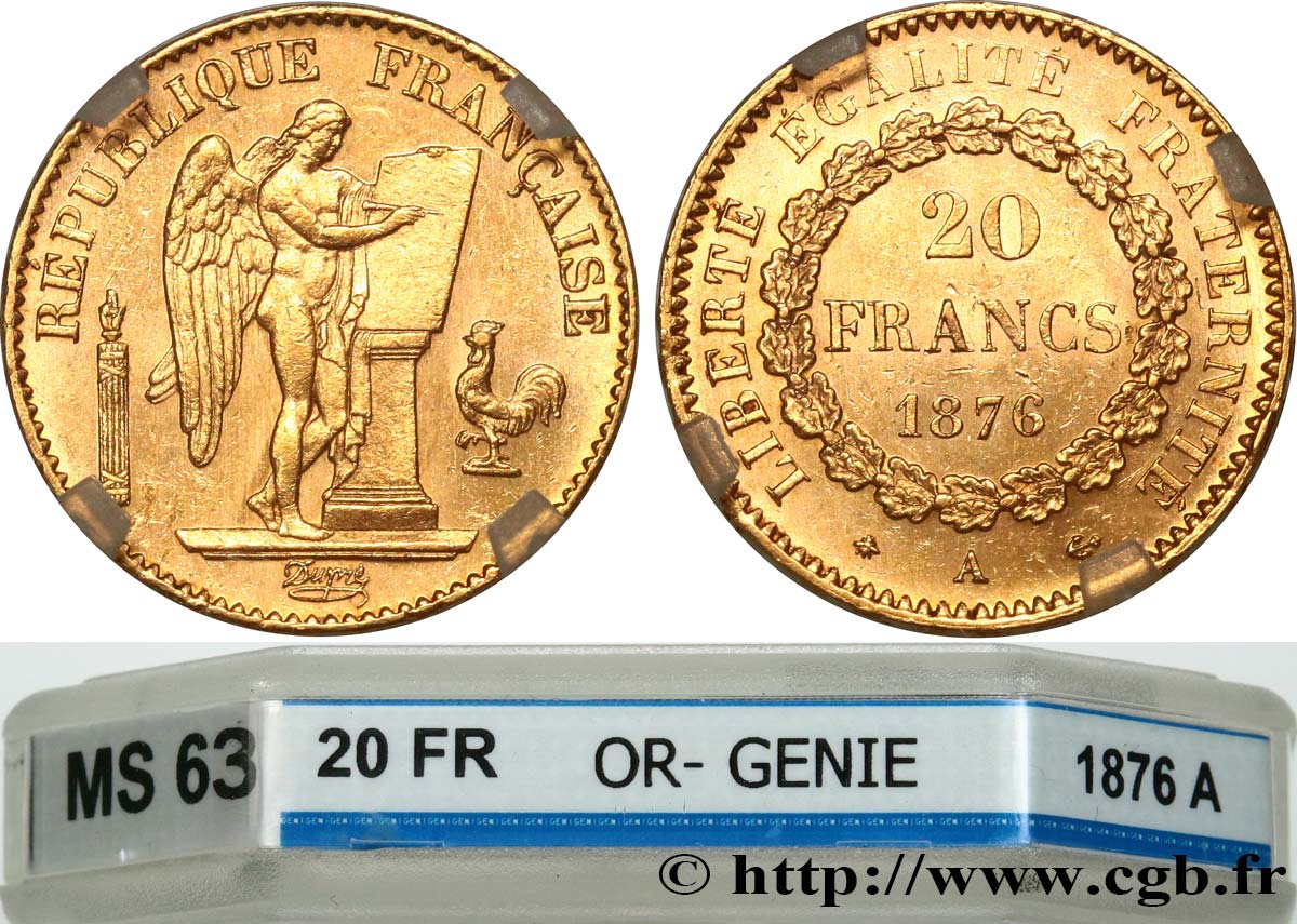 20 francs or Génie, IIIe République 1876 Paris F.533/4 SPL63 GENI
