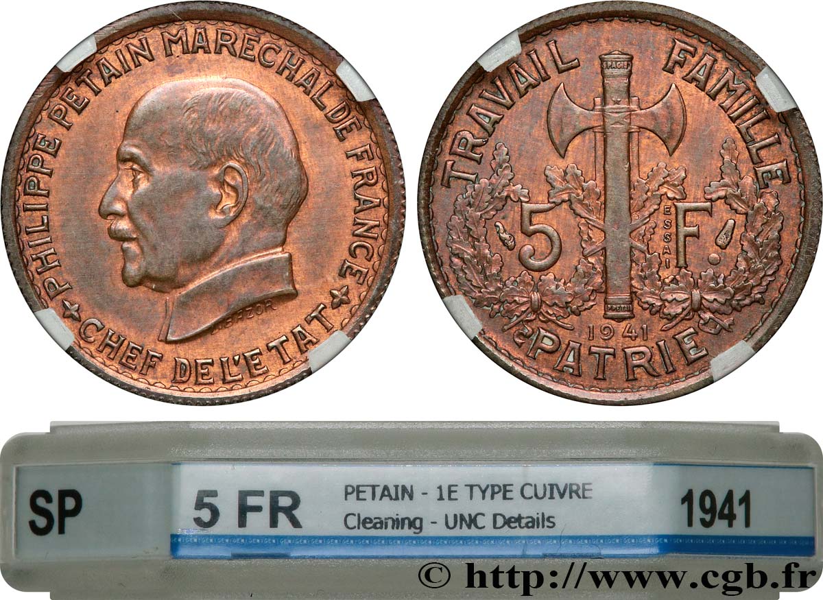 Épreuve de 5 francs Pétain en cuivre, 1er projet de Bazor, frappe médaille 1941 Paris GEM. 142 20 var. MS GENI