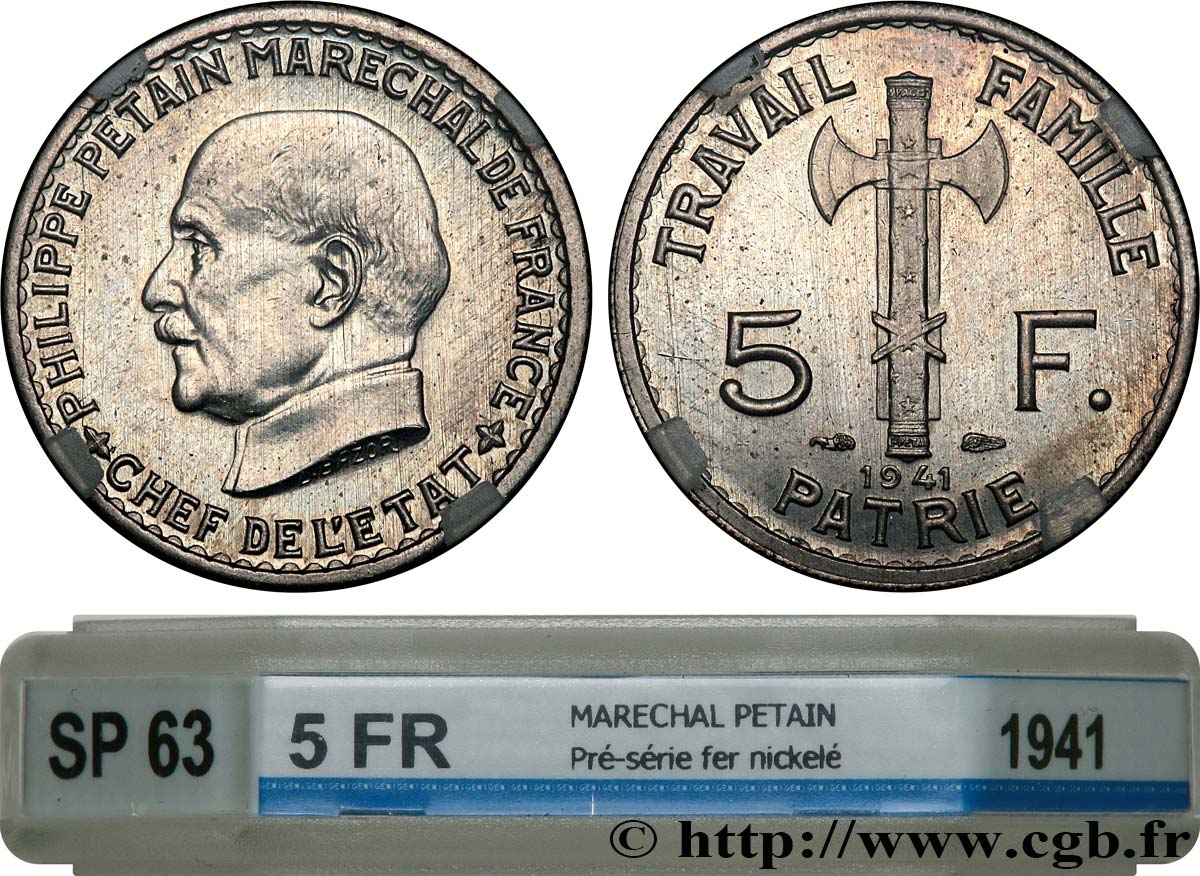 Pré-série de 5 francs Pétain en fer nickelé 1941 Paris GEM.142 59 SC63 GENI