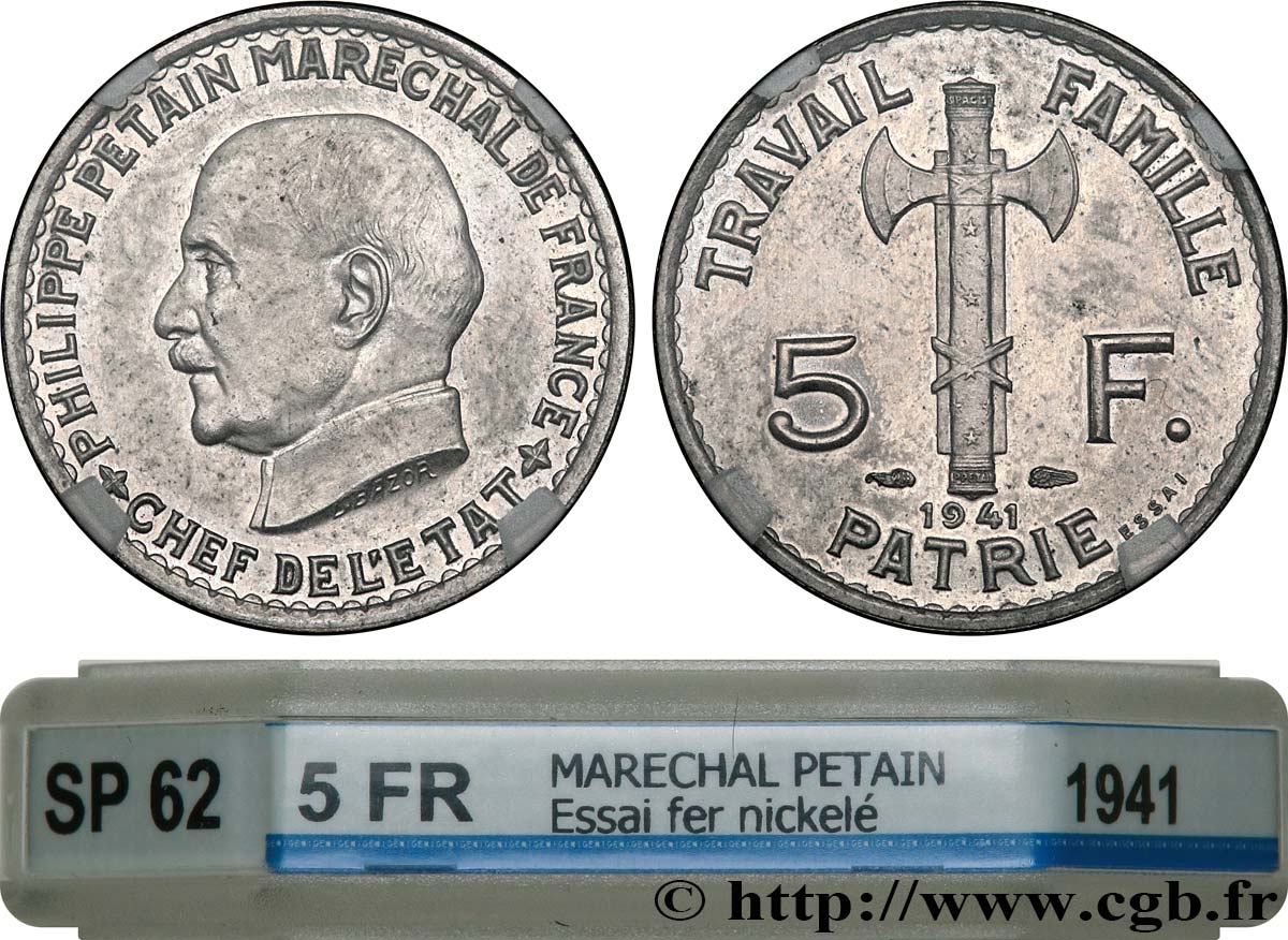 Essai de 5 francs Pétain en fer nickelé, 3e projet de Bazor (type adopté) 1941 Paris GEM.142 60 SUP62 GENI
