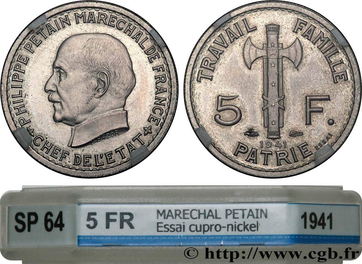 Essai de 5 francs Pétain en cupro-nickel, 3e projet de Bazor 1941 Paris GEM.142 63 MS64 GENI