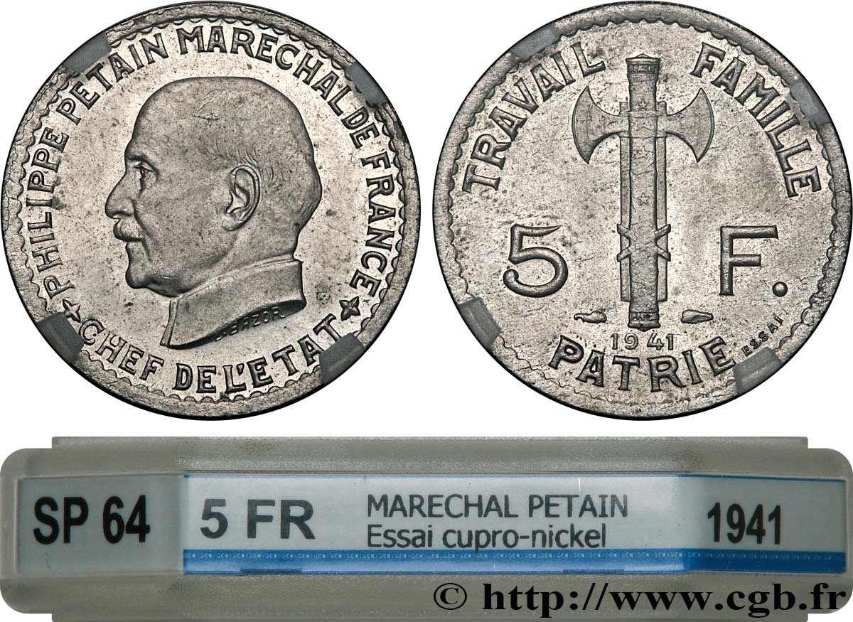 Essai de 5 francs Pétain en cupro-nickel, 3e projet de Bazor 1941 Paris GEM.142 63 SC64 GENI