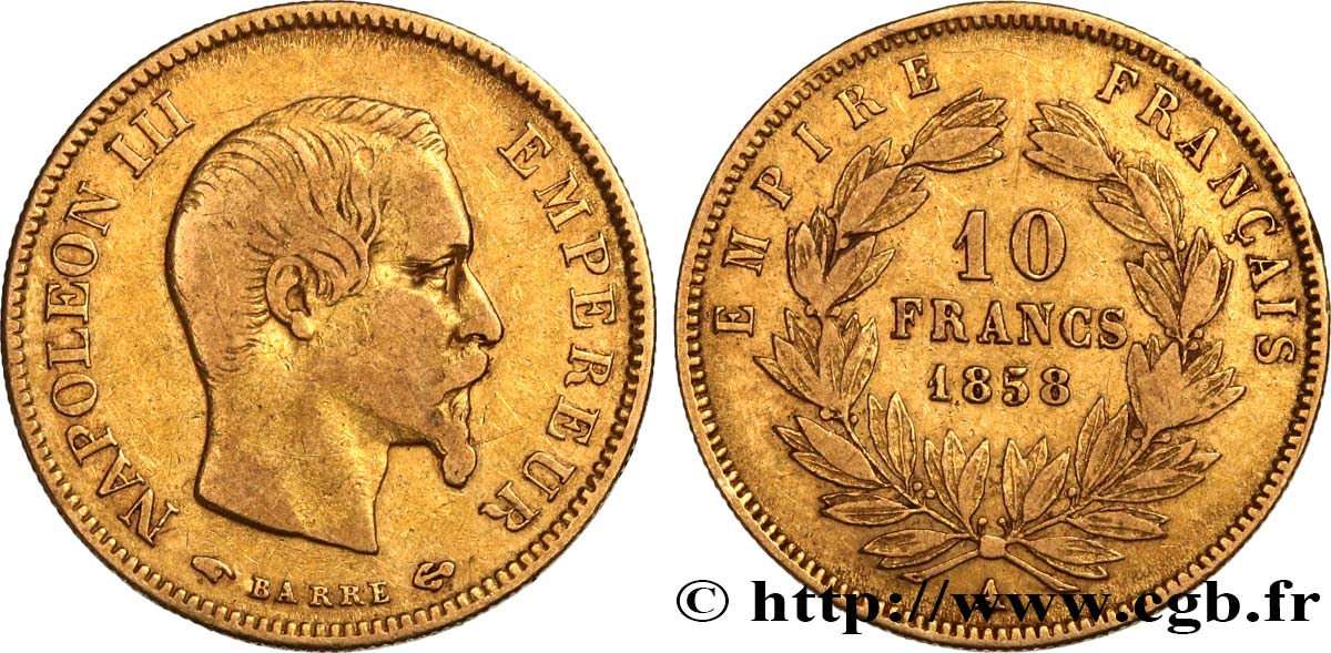 10 francs or Napoléon III, tête nue, grand module 1858 Paris F.506/5 VF25 