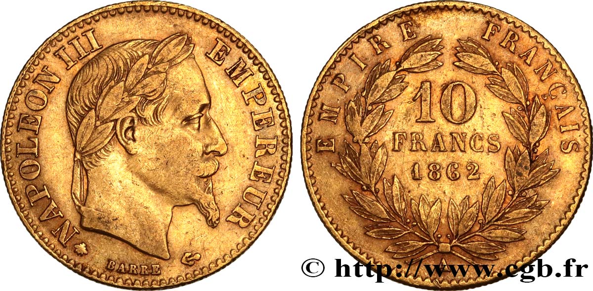 10 francs or Napoléon III, tête laurée, type définitif à grand 10 1862 Paris F.507A/1 VF35 