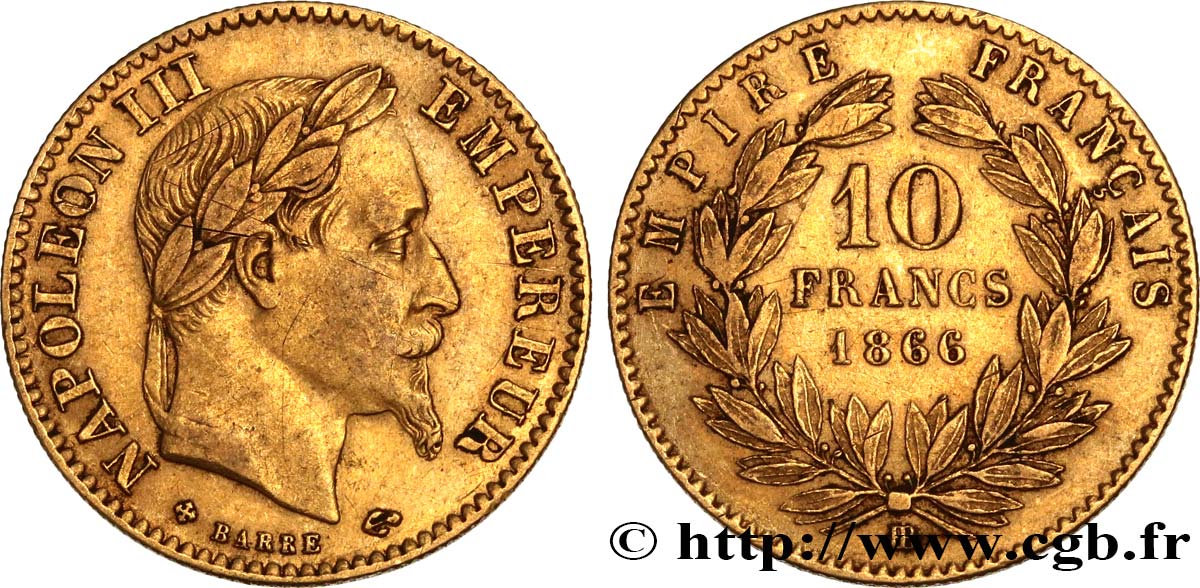 10 francs or Napoléon III, tête laurée 1866 Strasbourg F.507A/13 TB35 