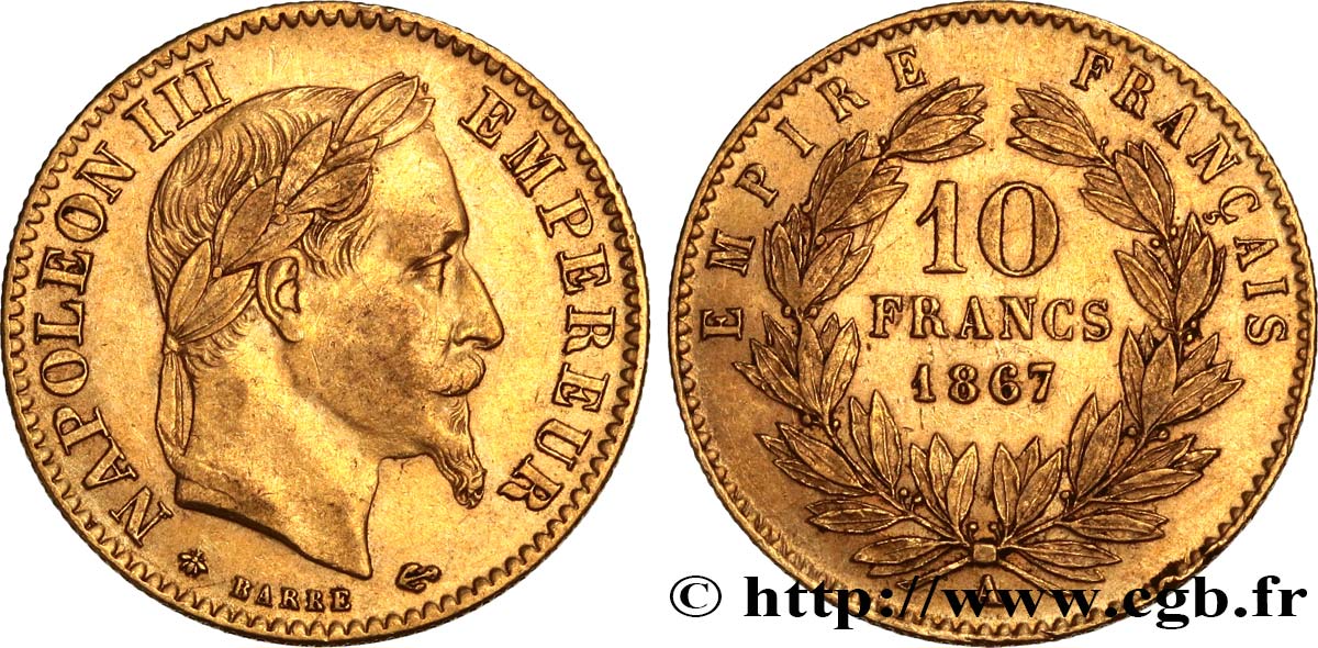 10 francs or Napoléon III, tête laurée 1867 Paris F.507A/15 BB45 