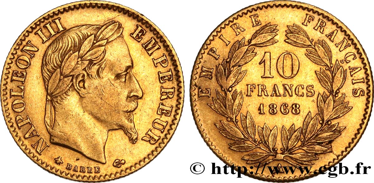 10 francs or Napoléon III, tête laurée 1868 Paris F.507A/17 XF 