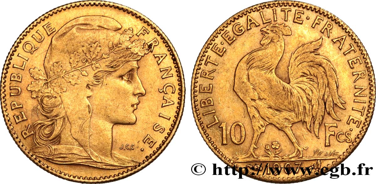10 francs or Coq 1907 Paris F.509/8 BB50 
