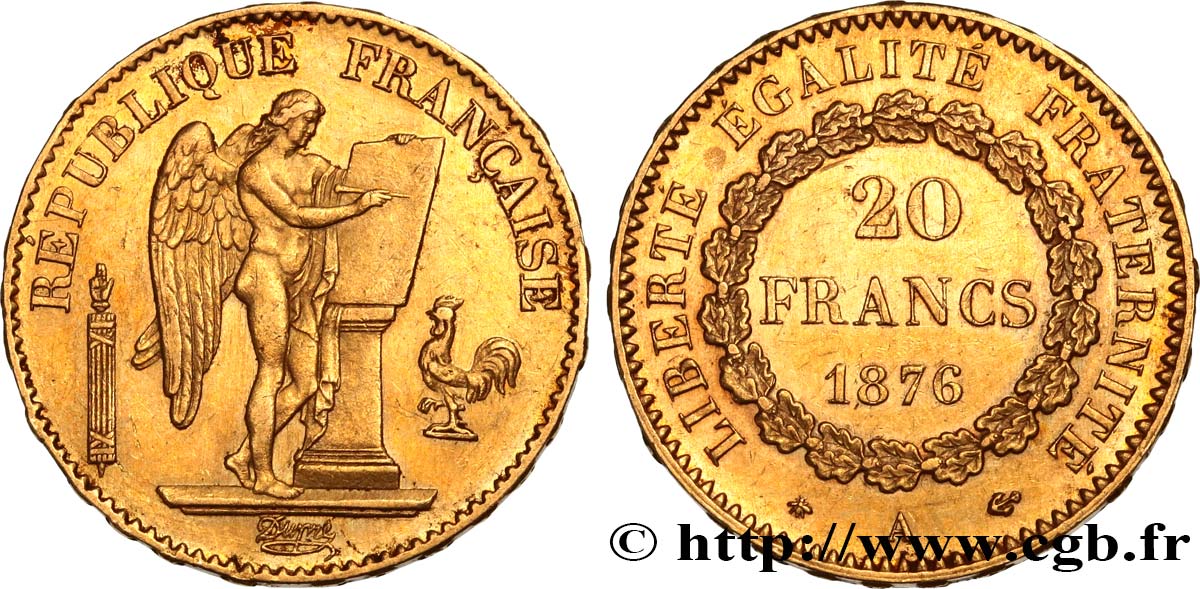 20 francs or Génie, IIIe République 1876 Paris F.533/4 MBC53 