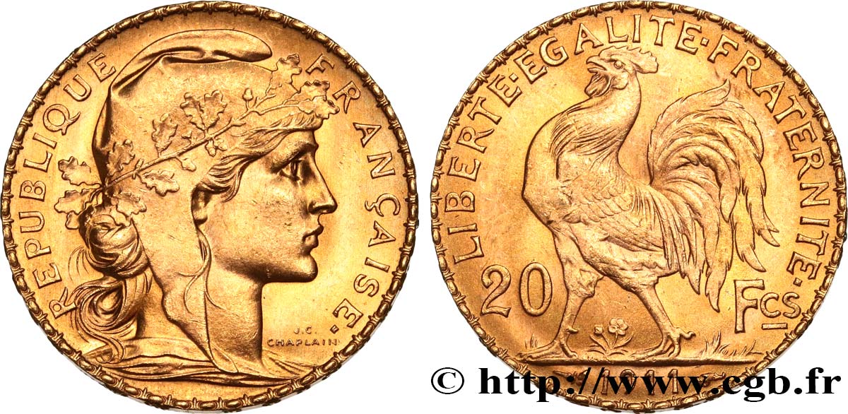 20 francs or Coq, Liberté Égalité Fraternité 1911  F.535/5 fST 