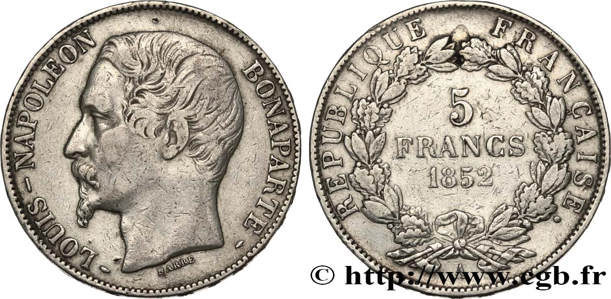 5 francs Louis-Napoléon, 2ème type 1852 Paris F.329/2 TB 