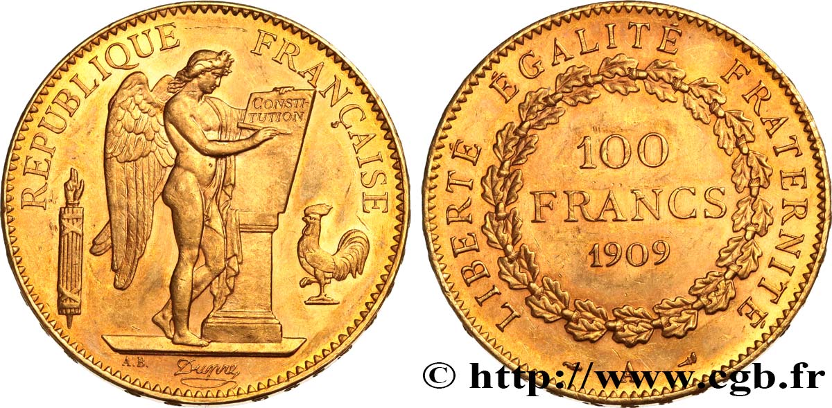 100 francs or Génie, tranche inscrite en relief Liberté Égalité Fraternité 1909 Paris F.553/3 SPL 