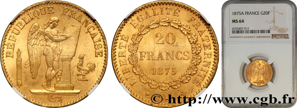 20 francs or Génie, Troisième République 1875 Paris F.533/3 fST64 NGC