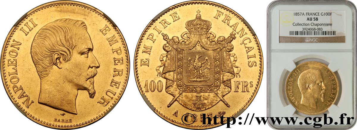 100 francs or Napoléon III, tête nue 1857 Paris F.550/4 EBC58 NGC