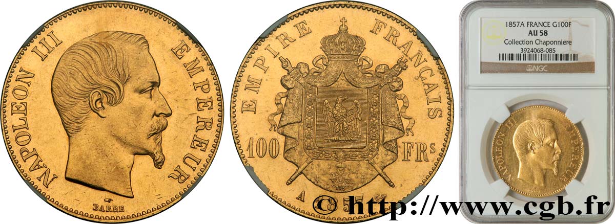 100 francs or Napoléon III, tête nue 1857 Paris F.550/4 AU58 NGC