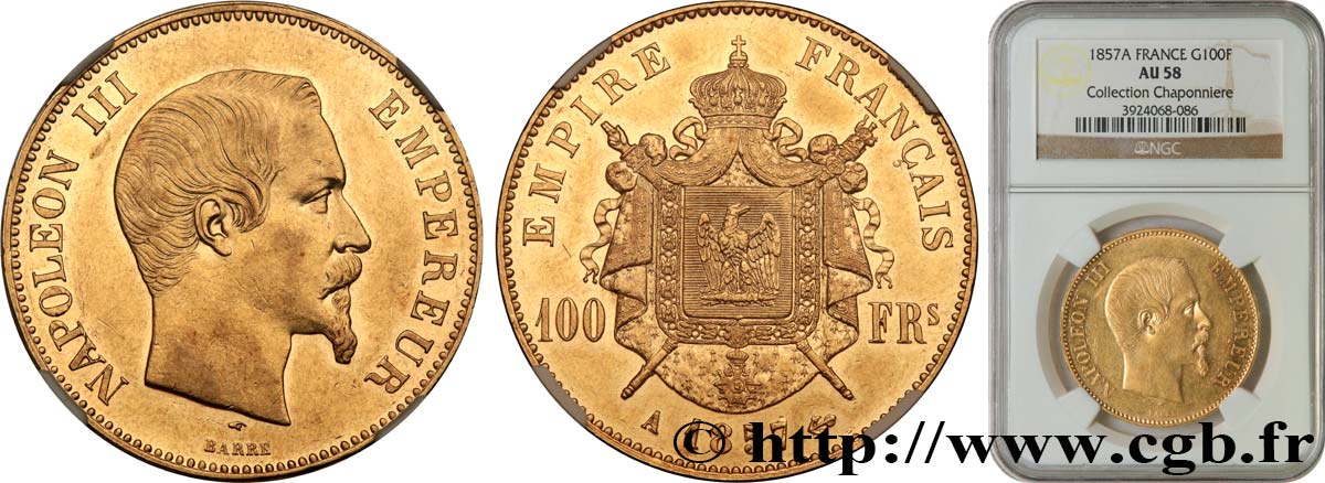 100 francs or Napoléon III, tête nue 1857 Paris F.550/4 EBC58 NGC