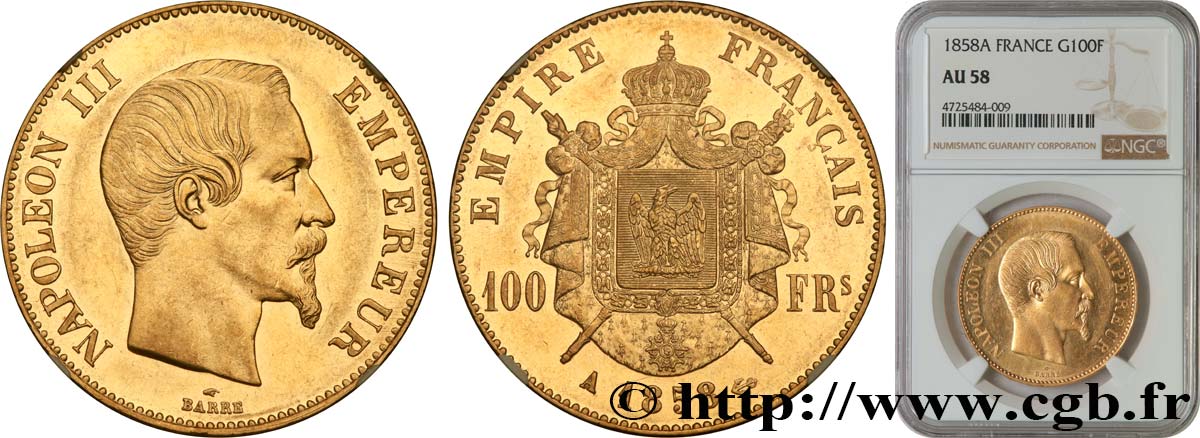 100 francs or Napoléon III, tête nue 1858 Paris F.550/5 AU58 NGC