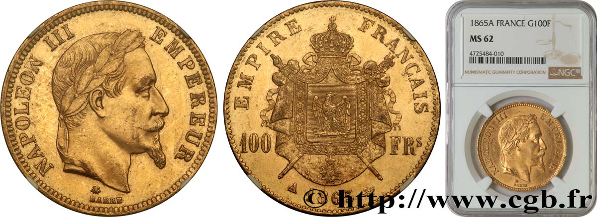 100 francs or Napoléon III, tête laurée 1865 Paris F.551/5 SUP62 NGC