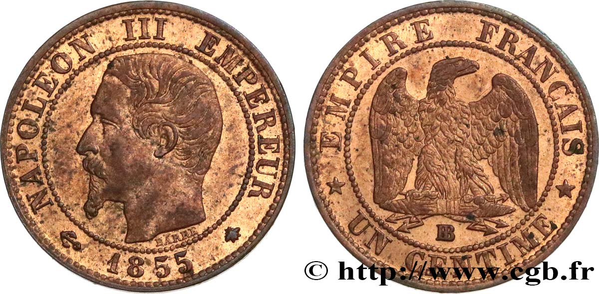 Un centime Napoléon III, tête nue 1855 Strasbourg F.102/18 EBC58 