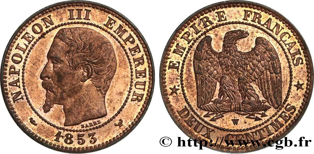 Deux centimes Napoléon III, tête nue 1853 Lille F.107/8 fST63 