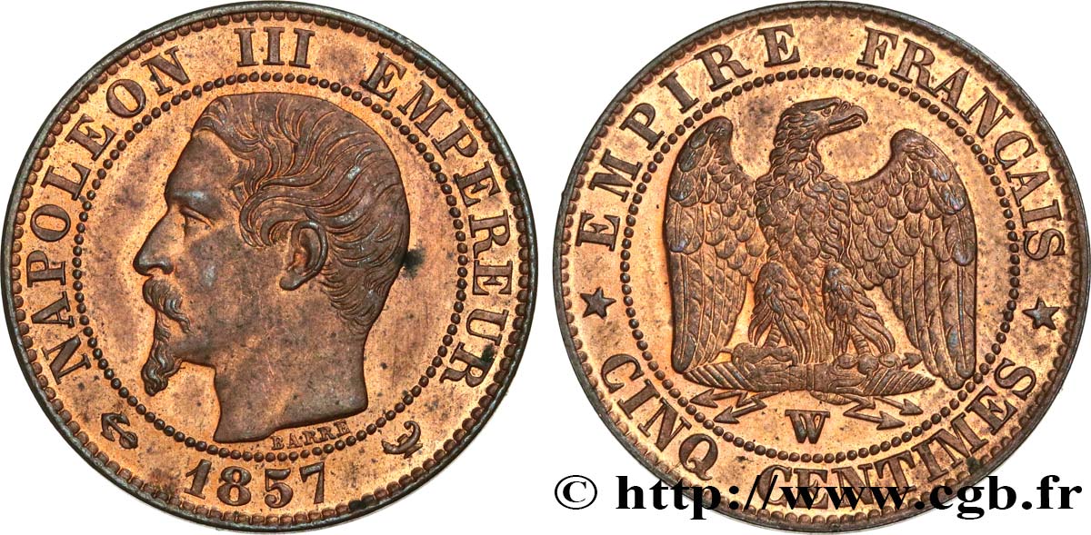 Cinq centimes Napoléon III, tête nue 1857 Lille F.116/43 fST63 