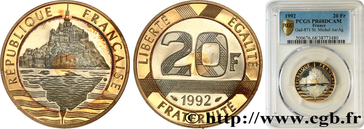 Belle Épreuve Or/Argent 20 francs - Mont Saint-Michel 1992 Pessac F5.1400 2 ST68 PCGS