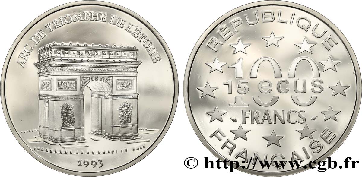 Belle Epreuve 15 écus / 100 francs - Arc de Triomphe (Paris) 1993  F5.2005 1 MS 