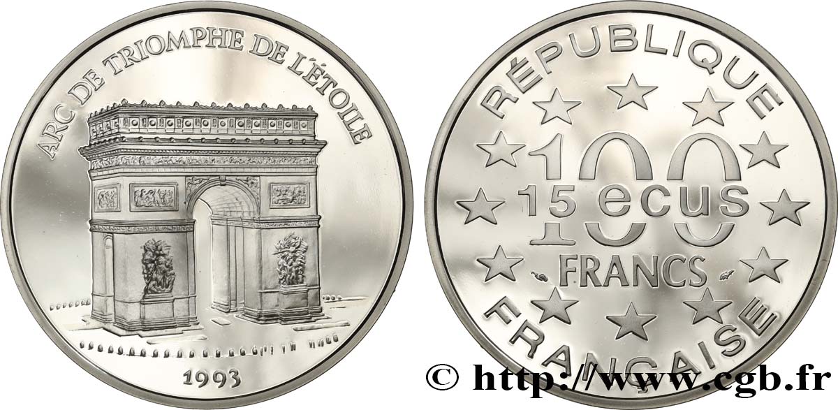 Belle Epreuve 15 écus / 100 francs - Arc de Triomphe (Paris) 1993  F5.2005 1 MS 