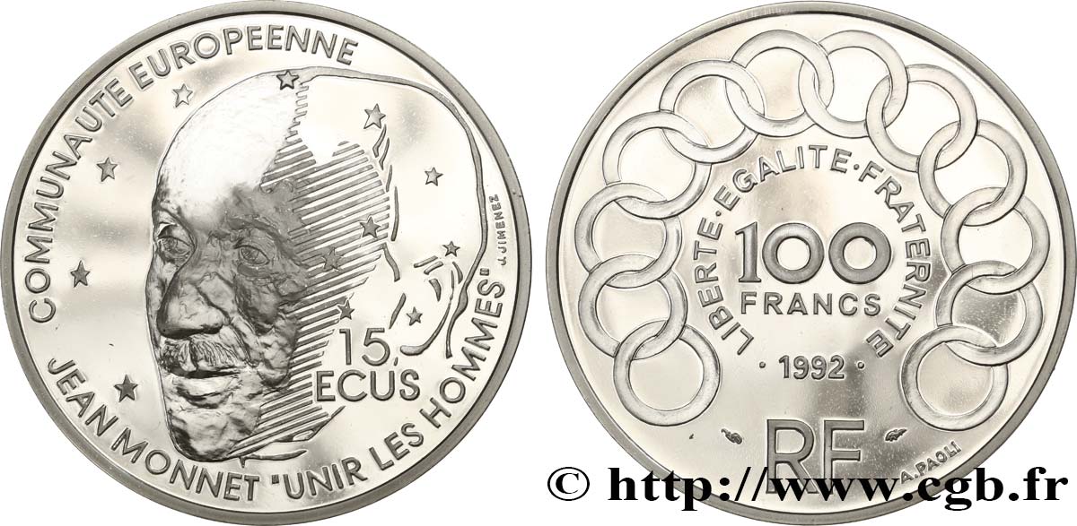 Belle Épreuve 15 écus / 100 francs Jean Monnet 1992 Paris F5.2002 1 MS 