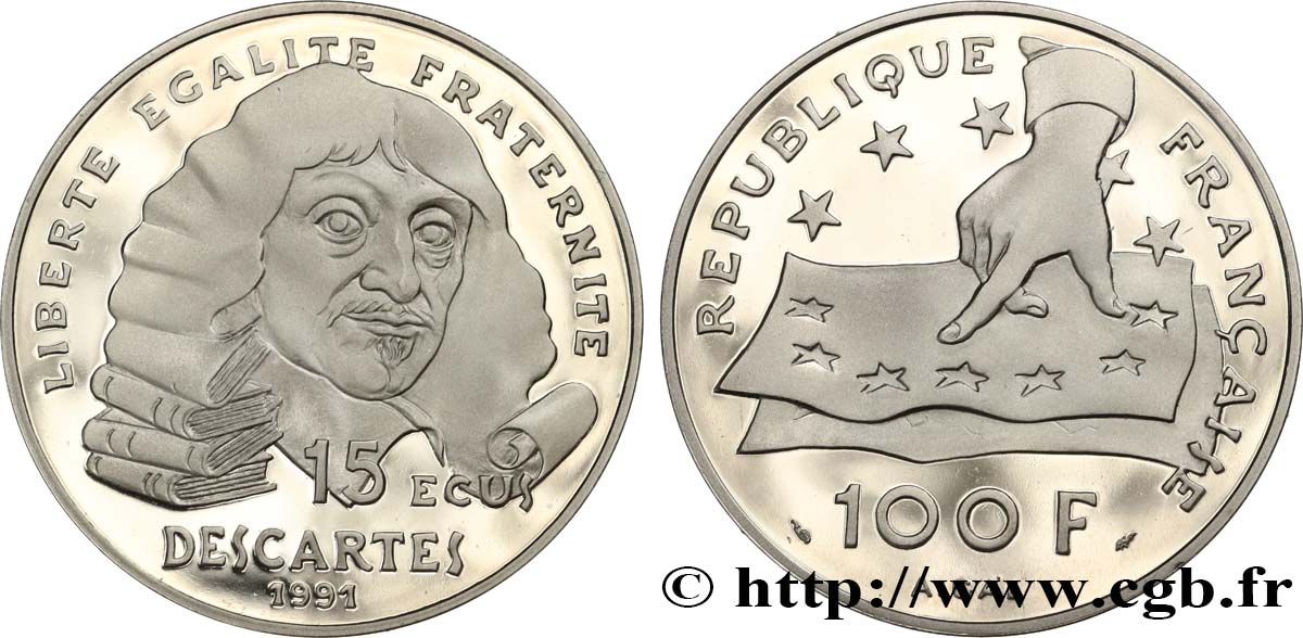 Belle Épreuve 15 écus / 100 francs Descartes 1991 Paris F5.2001 1 ST 