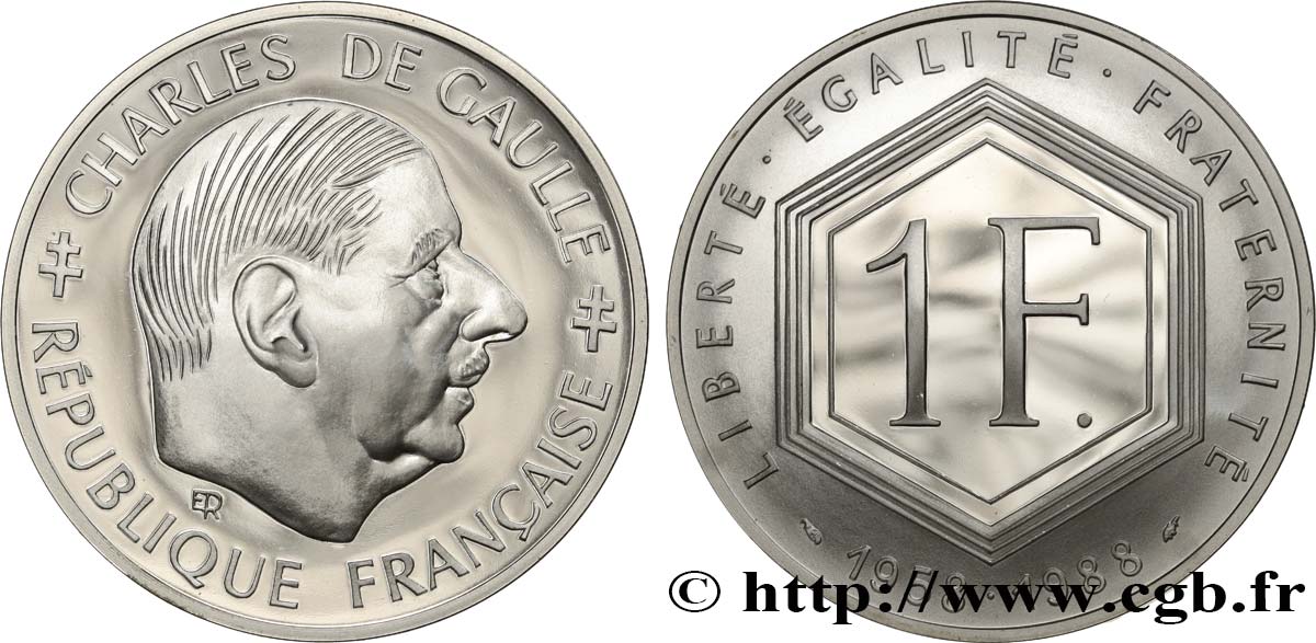 Belle Épreuve 1 franc De Gaulle  1988 Paris F5.1000 2 ST 