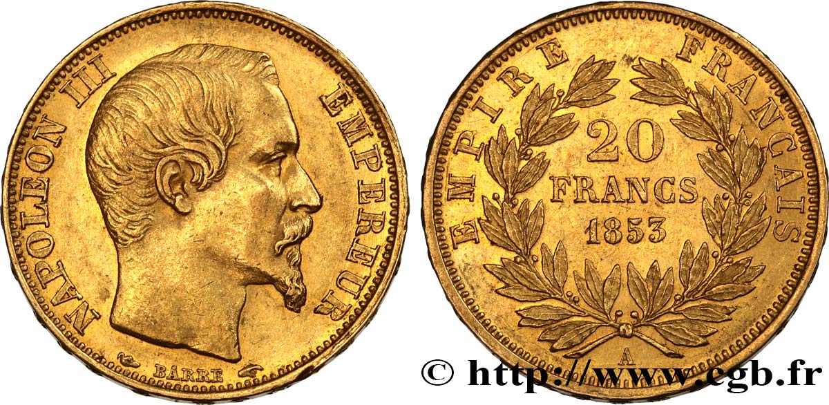 20 francs or Napoléon III, tête nue 1853 Paris F.531/1 AU58 