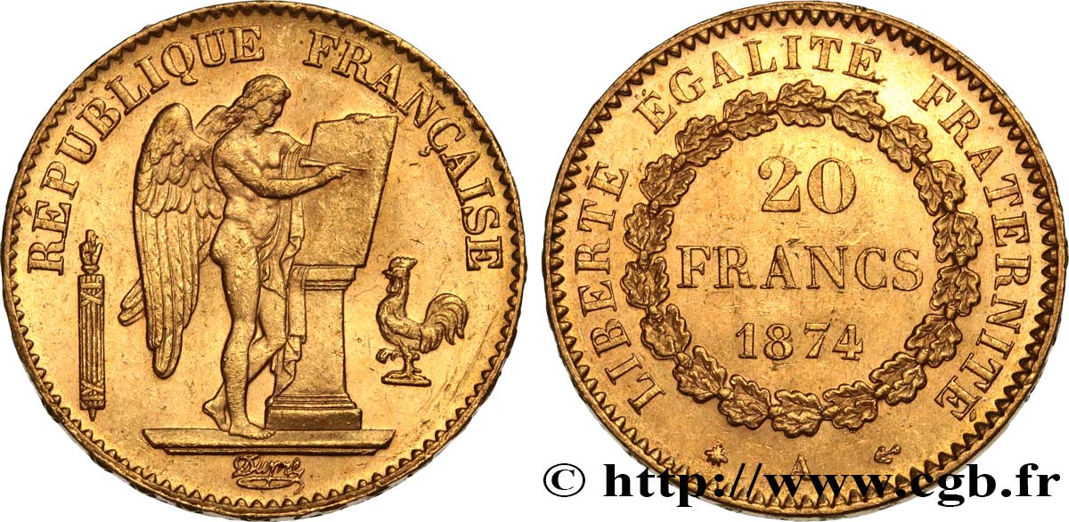 20 francs or Génie, Troisième République 1874 Paris F.533/2 AU55 