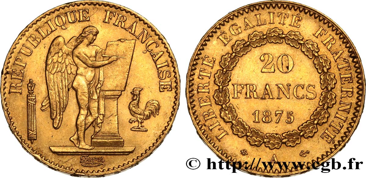 20 francs or Génie, Troisième République 1875 Paris F.533/3 AU53 