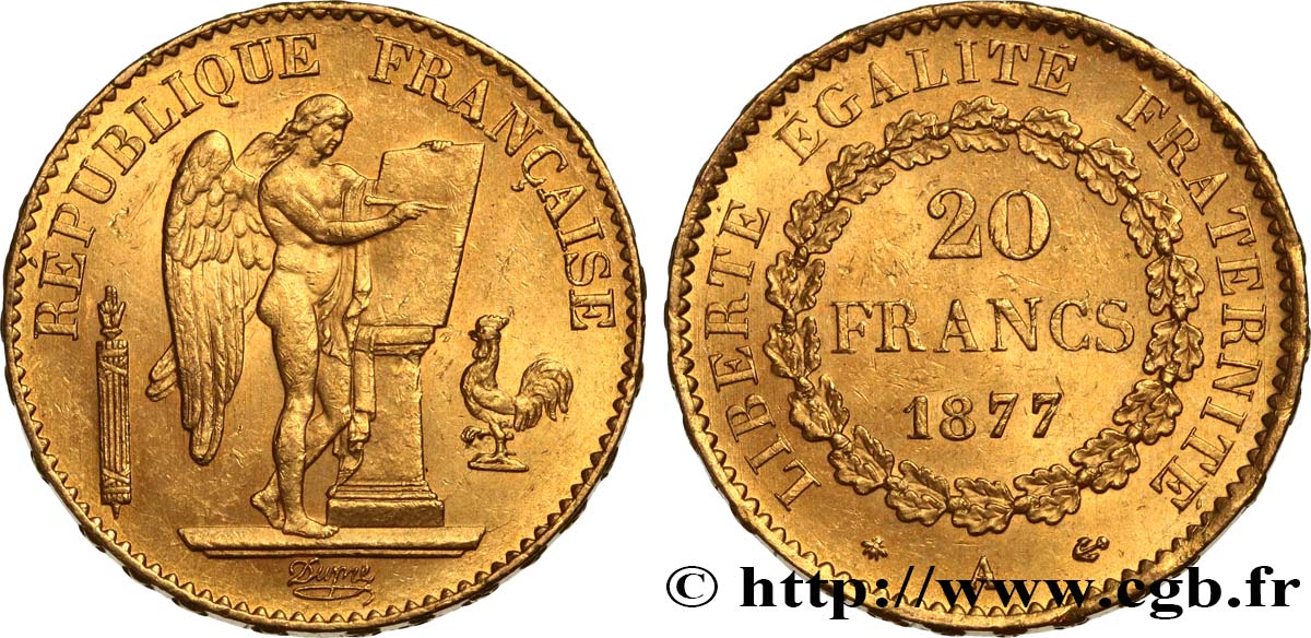 20 francs or Génie, Troisième République 1877 Paris F.533/5 SUP58 