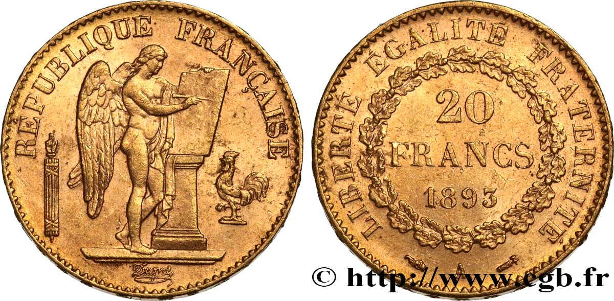 20 francs or Génie, Troisième République 1893 Paris F.533/17 SUP58 