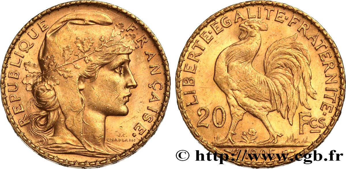 20 francs or Coq, Dieu protège la France 1905 Paris F.534/10 SUP58 